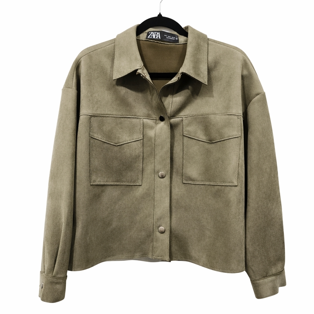 Zara Olive Button Up Green Suede Shirt Jacket